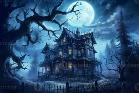 Creepy Haunted Mansion Spooky Moonlit Sky Trees In Background With