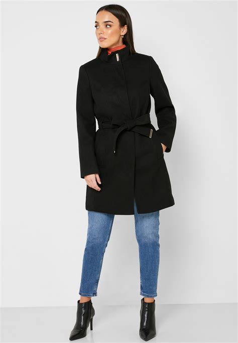 Buy Dorothy Perkins Black Funnel Neck Belted Wrap Coat For Women In