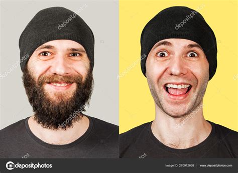 Un joven con barba y sin barba Hombre antes y después de afeitarse