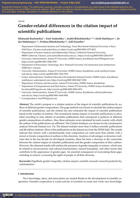 Pdf Gender Related Differences In The Citation Impact Of Scientific Publications And Improving