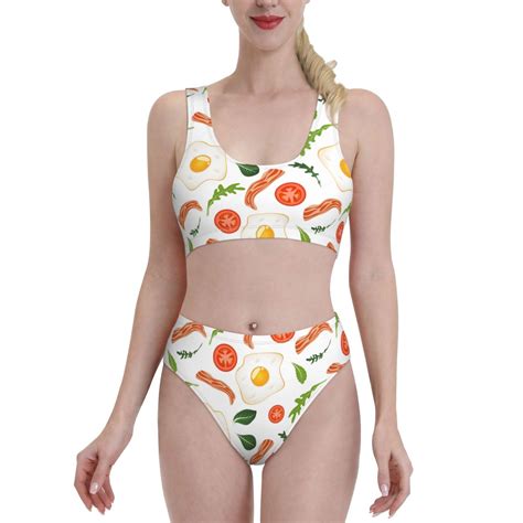 High Waisted Bikini Sets For Women Bacon Vegetable Hobo Eggs Swimsuits Tummy Control Two