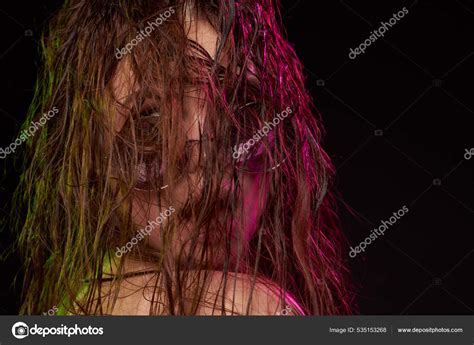 Beautiful Woman Hairstyle Fashion Naked Shoulders Makeup Studio Lifestyle Stock Photo