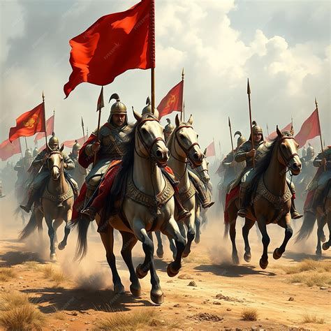Mongolian army led by Ancient cavalry of armed horseback soldiers on