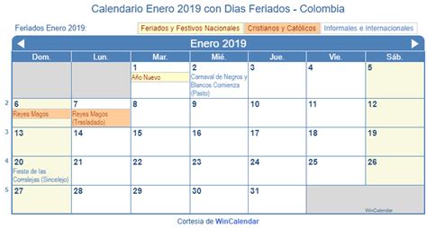 Calendario Enero 2019 Para Imprimir Colombia