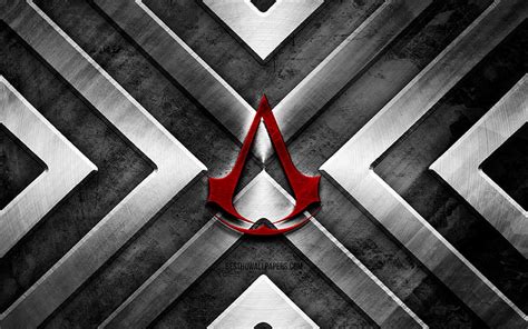 Assassins Creed metal logo gray metal background, metal arrows ...