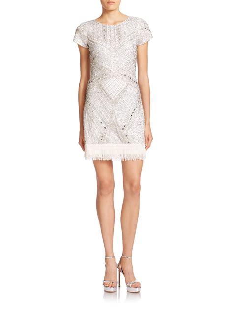 Aidan mattox Beaded Fringe-trim Dress in White | Lyst