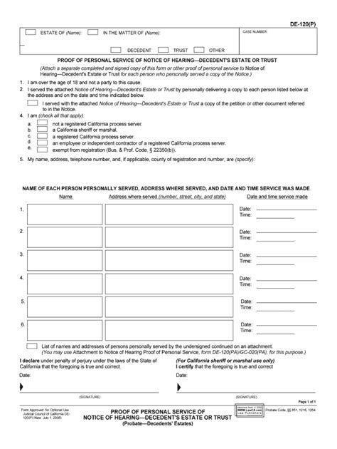 Fillable Online Courts Ca DE 120P Proof Of Personal Form Fill Out And