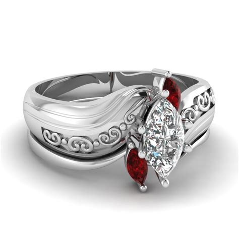 Marquise Three Stone Diamond Wedding Ring Set With Ruby In 950 Platinum