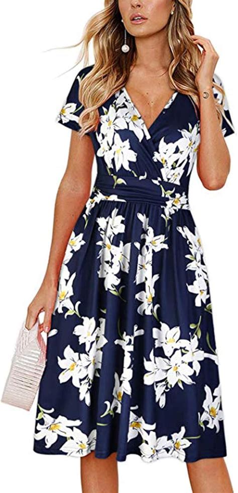 Lcybem Summer Dress For Women Empire Waist Printed V Neck Design Temperament Midi Dresses Casual