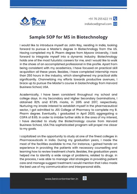 Sop For Biotechnology Statement Of Purpose Guide Sample