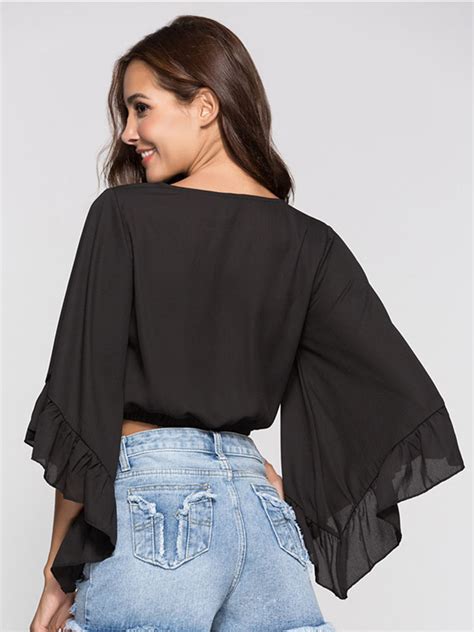 Sexy Deep V Neck Elastic Waist Ruffle Flare Long Sleeve Crop Chiffon Top