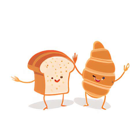 Funny Bread Cute Cartoon Toasts Croissant Character With Happy Face