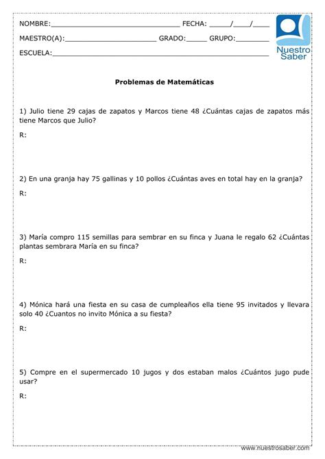 Ejemplos Problemas De Suma Y Resta Para Primero De Primaria Ejemplo