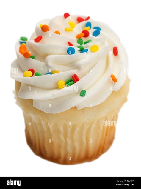 Single Cupcake With White Frosting And Sprinkles Isolated On White