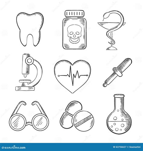 Medische En Gezondheidszorg Geschetste Pictogrammen Vector Illustratie