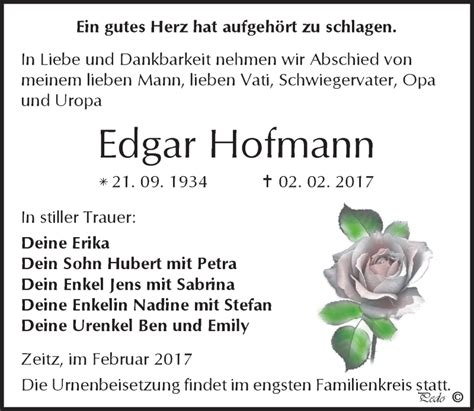 Traueranzeigen Von Edgar Hofmann Abschied Nehmen De