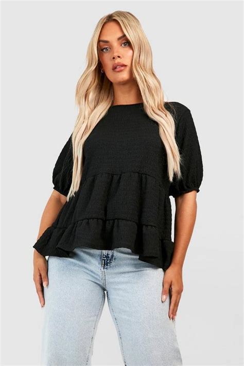 Black Plus Short Sleeve Frill Smock Top Boohoo Uk