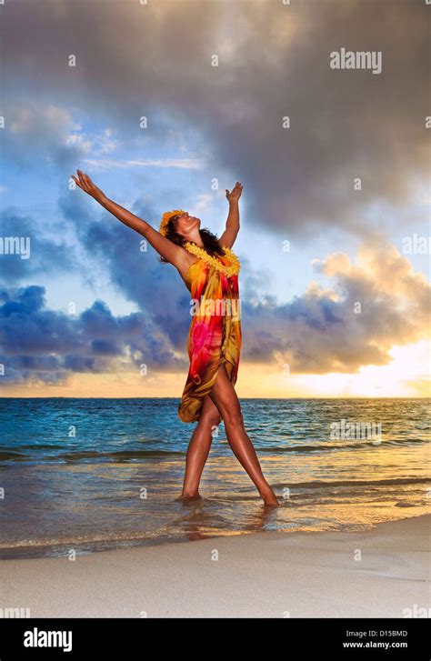 Hawaii Oahu Lanikai Beautiful Hawaiian Woman Dancing Hula On Ocean