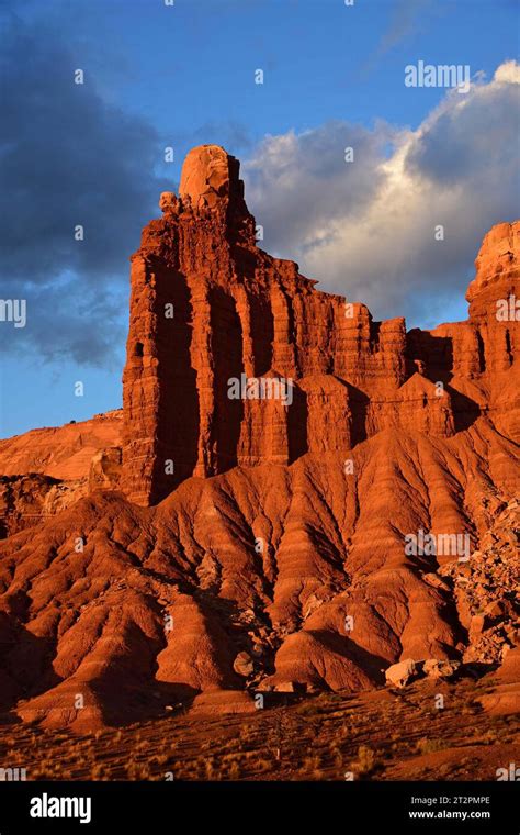 The Eroded Red Rock Formation Of Chimney Rock At Sunset In Capitol