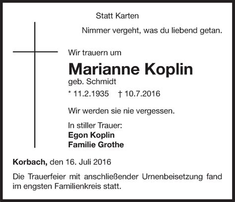 Traueranzeigen Von Marianne Koplin Trauer Wlz Online De