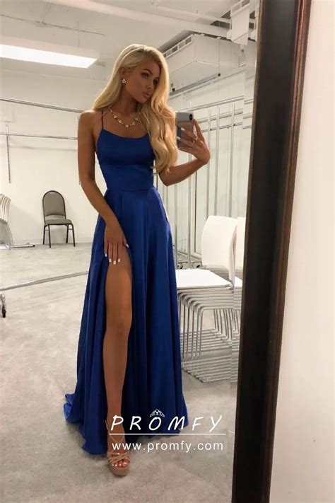 Royal Blue Satin Thigh High Slit Long Prom Dress Promfy