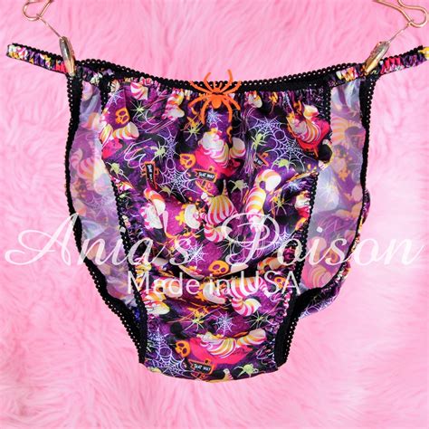 Halloween Print Cheshire Cat Spiders Skulls 100 Polyester SATIN String Bikini Sissy Mens