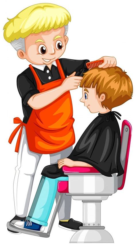 Niño pequeño corte de pelo en el barbero Premium Vector Cartoon