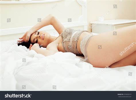 Sexy Beautiful Brunette Woman Lying Bed Stock Photo 374933215 Shutterstock