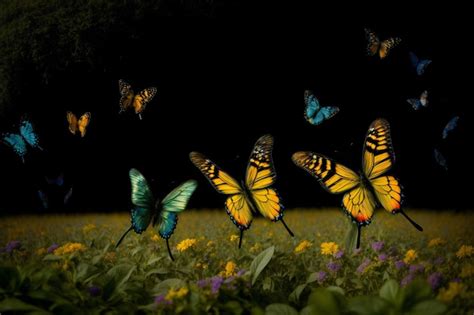 Premium AI Image A Group Of Butterflies Flying Over A Lush Green Field