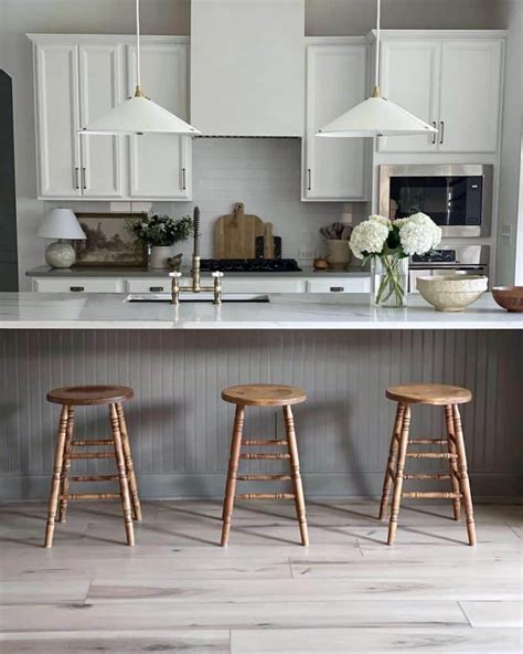 Gray Beadboard Kitchen Island With Rustic Bar Stools Soul Lane