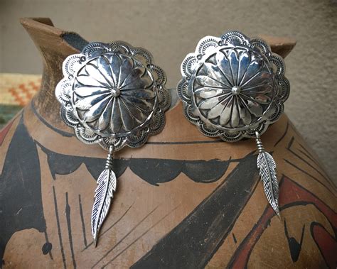 Vintage Navajo Sterling Silver Concho Post Earrings With Feathers