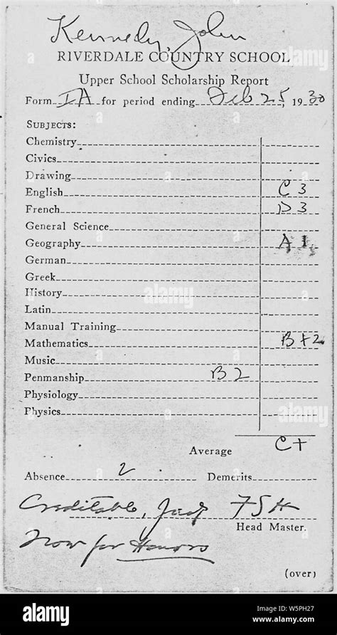 John F. Kennedy Riverdale Country School Report Card February 25, 1930 ...