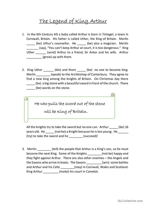 The Legend Of King Arthur English ESL Worksheets Pdf Doc