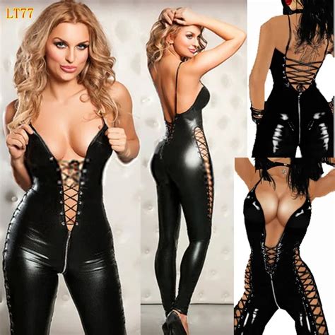 2017 Womens Sexy Catsuit Pvc Leather Ladies Sexy Latex Zipper Bodysuit