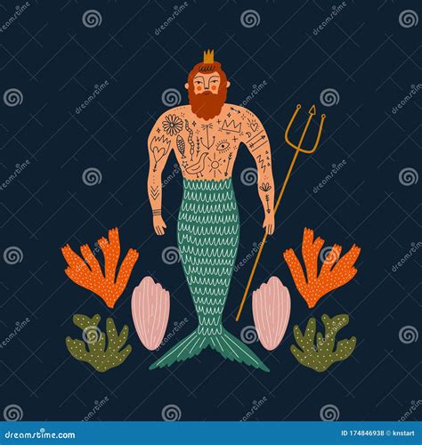 Cartoon Color Card With Cute Flat Cartoon Sea Boy Mermaid Or Merman