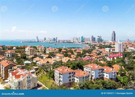 View of Old Town and Qingdao Bay from XiaoYuShan Park, Qingdao Stock Image - Image of blue, beer ...