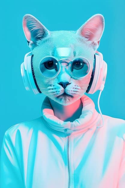 Premium Photo Fashionable Cat Wearing Headphones Music Antrophomorfic Cat Neon Lights