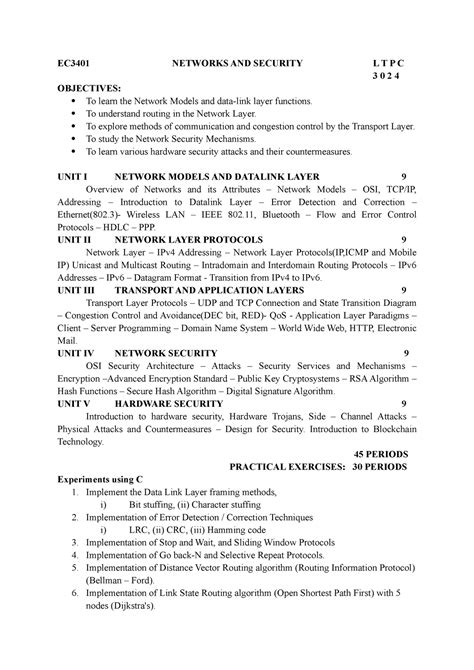 Network And Security Syllabus EC3401 NETWORKS AND SECURITY L T P C 3