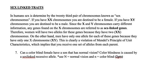 Solved Sex Linked Traits In Humans Sex Is Determine By The