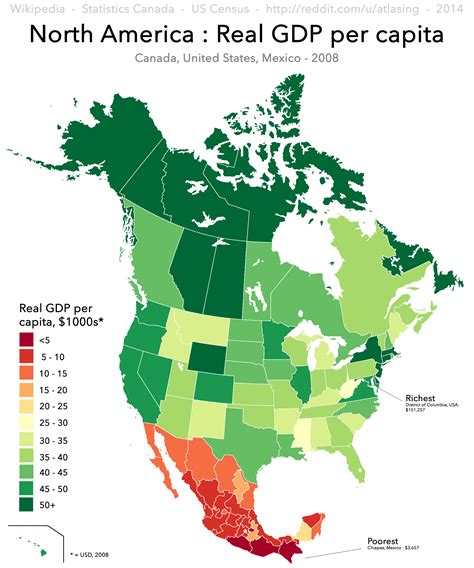 Real GDP per capita throughout North America (2008 - more in comments) [OC] [2000x2400] : MapPorn