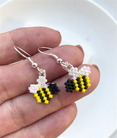 Bee Earrings Beaded Bumblebee Dangle Earrings Yellow Black Etsy Uk