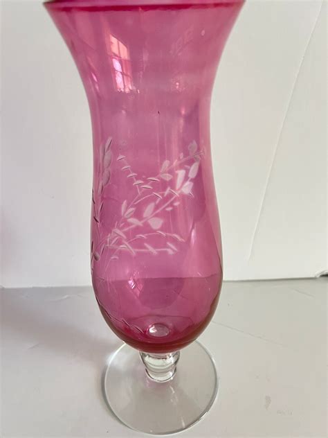 Vintage Cranberry Glass Etched Rose Vase Antique Cranberry Etsy