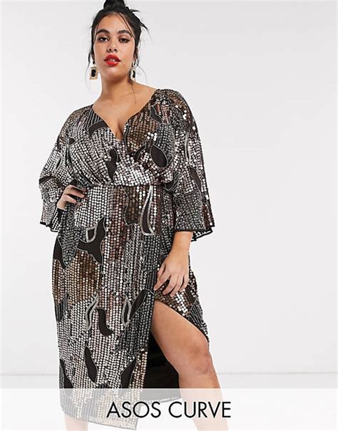 Asos Design Curve Midi Kimono Dress In Pearl And Sequin Patched