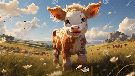 Spotted Cow Calf in the Field Smiling - Children S Illustration 3 Stock ...