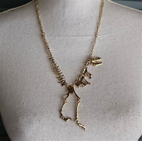 Modern T Rex Necklace Gold Tone Dinosaur Skeleton Figural Tyrannosaurus Gothic Statement Costume