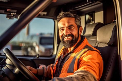 Um motorista de caminhão sorridente ao volante de um caminhão