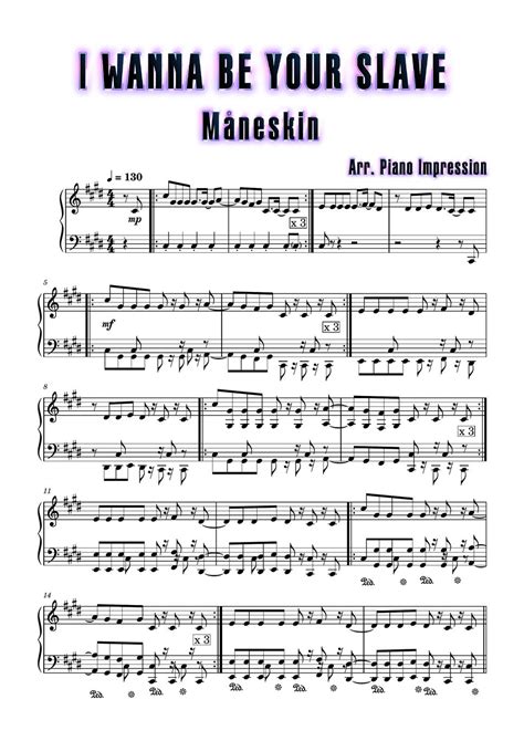 Måneskin I Wanna Be Your Slave Sheet By Piano Impression