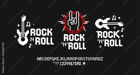 Rock Music design in Pixel Art style vector template. Pixelated Rock n ...