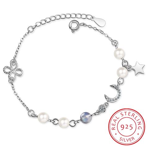 Abalorio De Luna Y Estrella Para Mujer Pulsera De Plata De Ley 925 Con Perlas Salvajes Simples