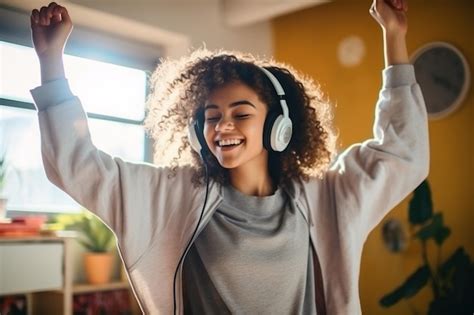 Feliz y divertida generación z latina jovencita usando audífonos bailando en casa Foto Premium